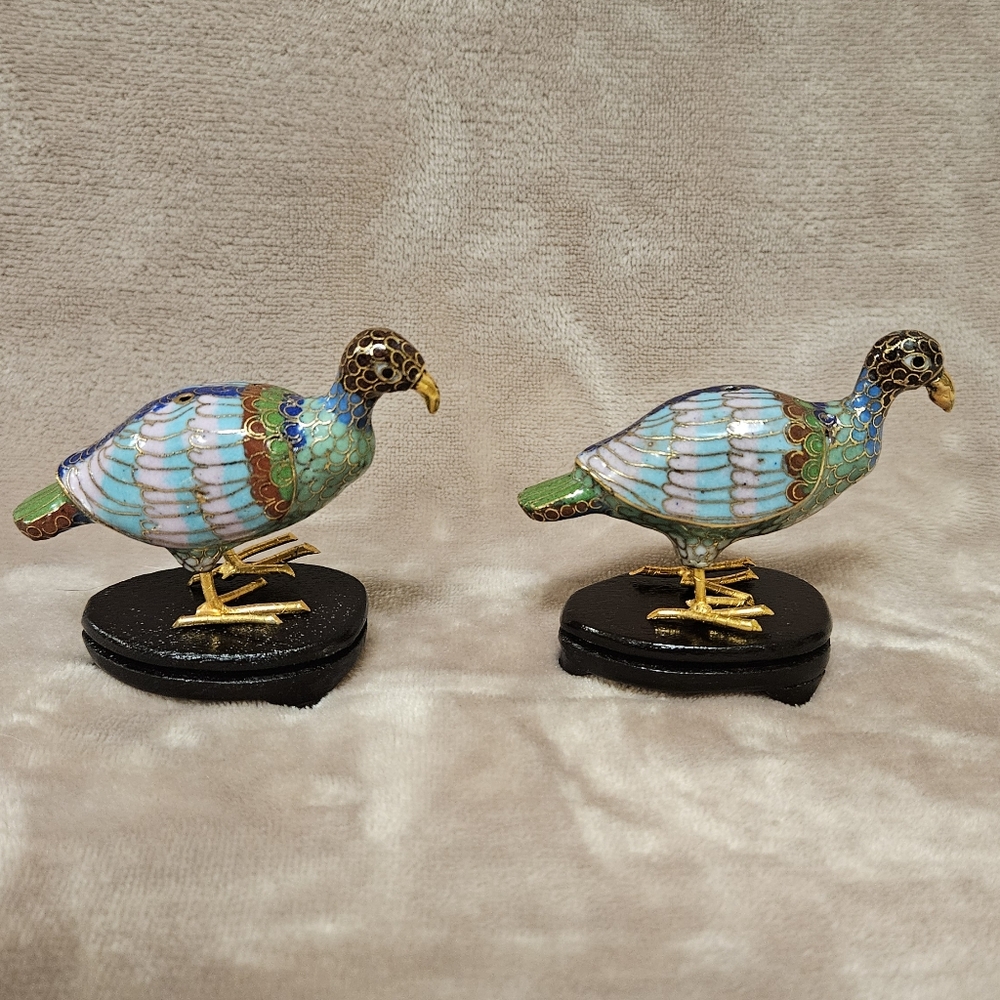 Vintage Pair Mini Cloisonné Enamel Bird Figurines With Stands